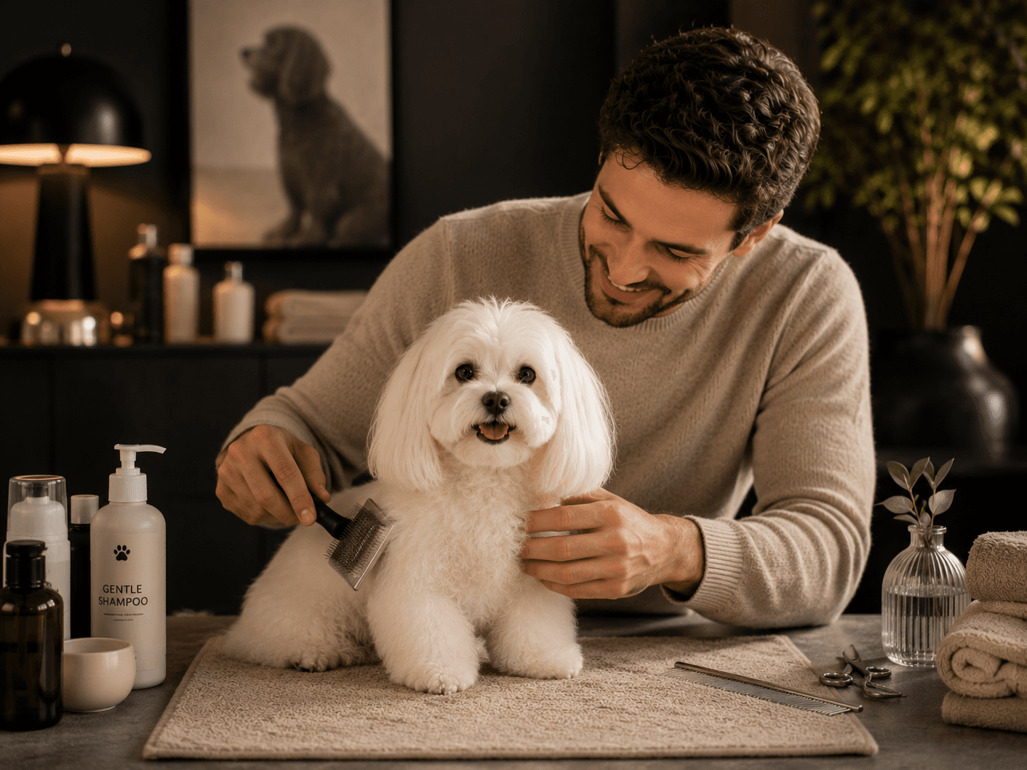 İpeksi beyaz tüyleri taranan Maltese köpeği