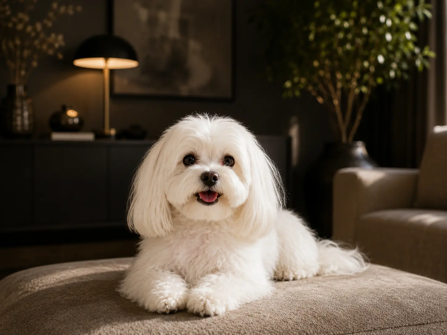 Koyu ve modern ev ortamında beyaz tüyleriyle öne çıkan Maltese köpeği