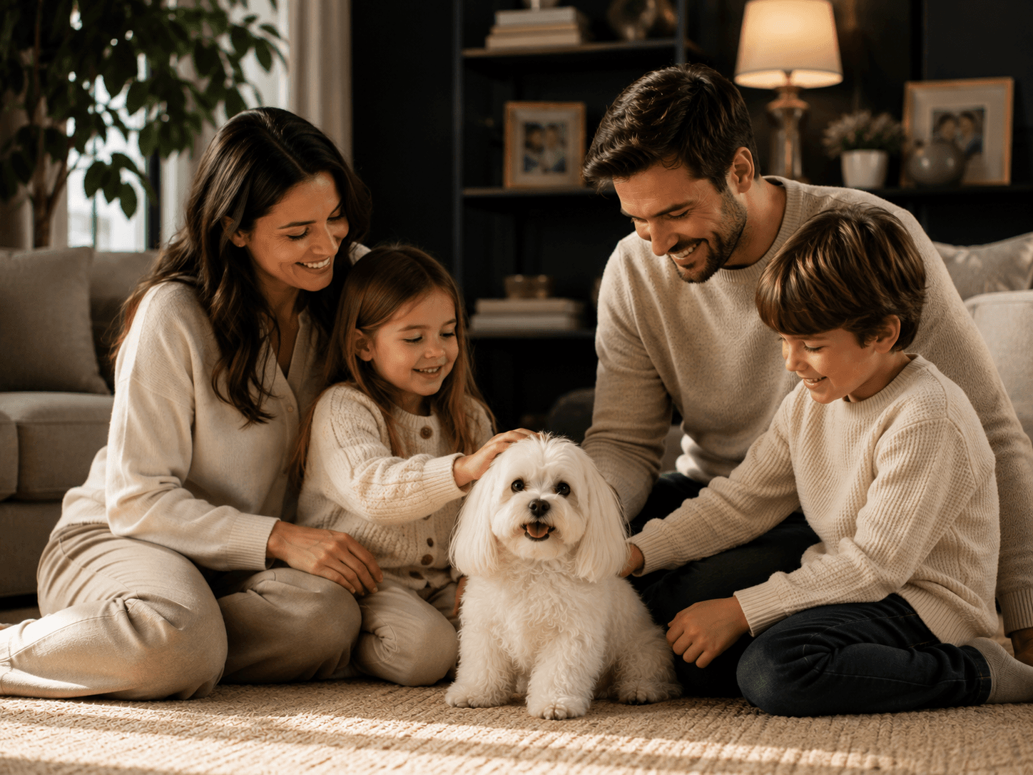 Aile üyeleri ve çocuklarla kontrollü iletişim kuran beyaz Maltese