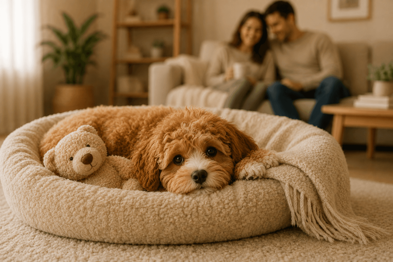 Oyuncak ayısıyla dinlenen Maltipoo yavrusu