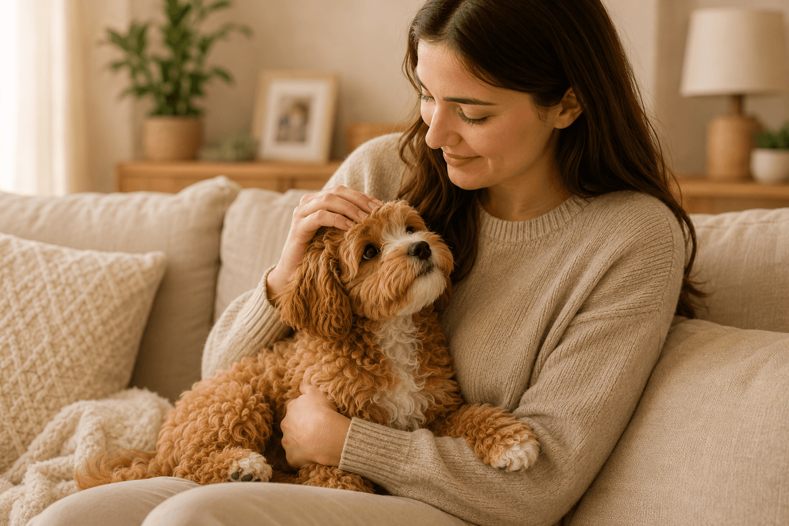 Ailesiyle güçlü bağ kuran, koltukta oturan Maltipoo yavrusu
