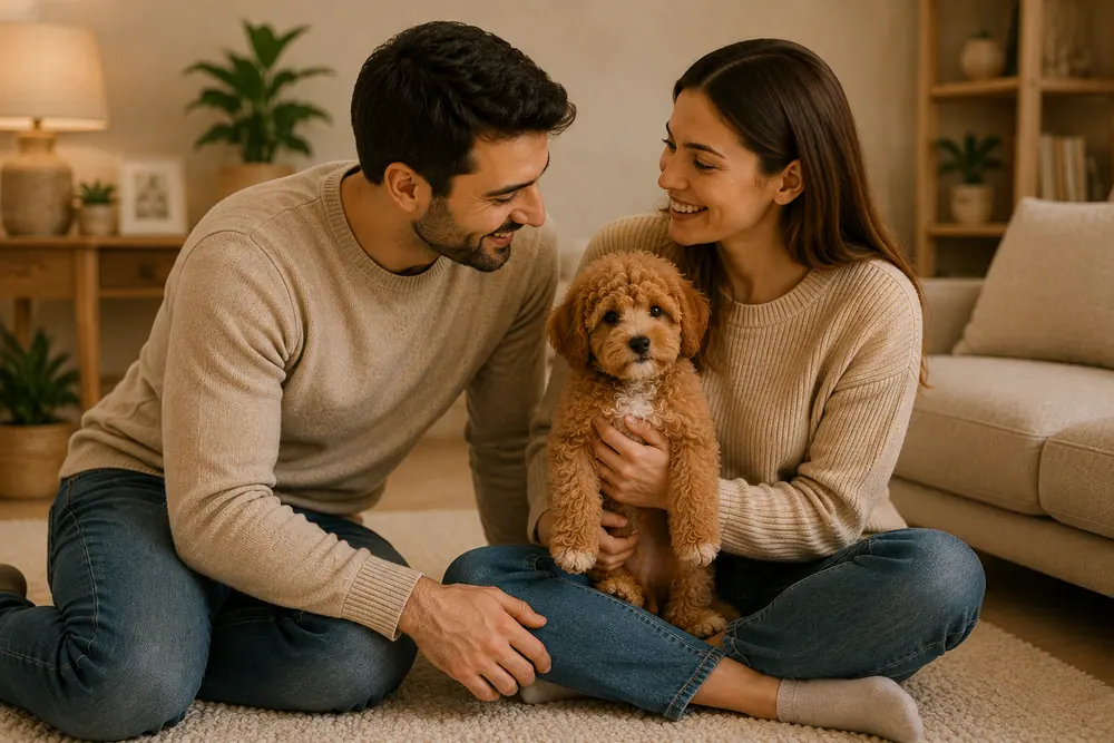 Güvenli Sahiplendirme aşamasını gösteren Maltipoo yavrusu
