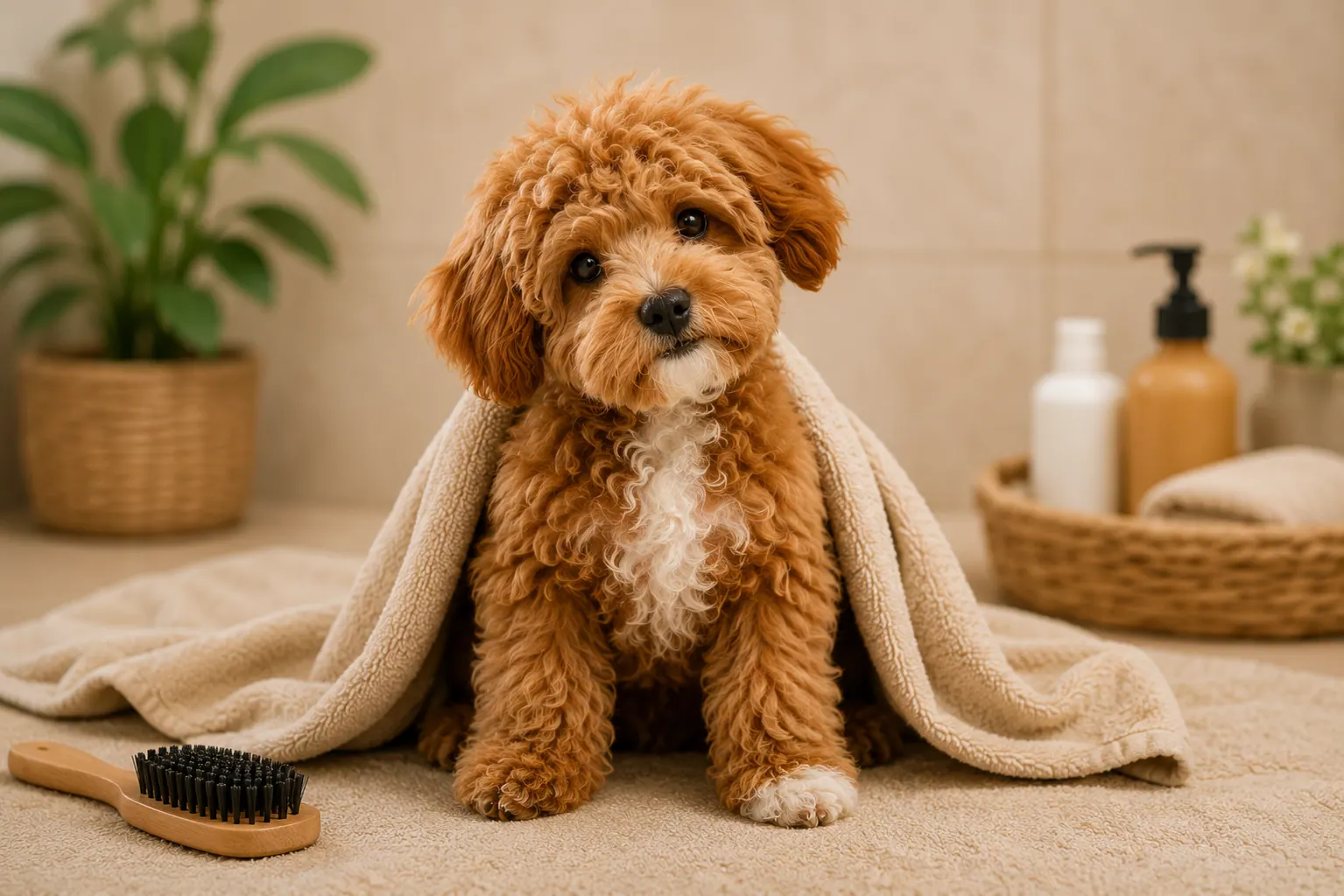 Bakım sırasında sakin şekilde duran Maltipoo yavrusu