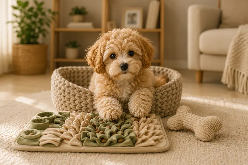 Zekâ oyuncağıyla oynayan Maltipoo yavrusu
