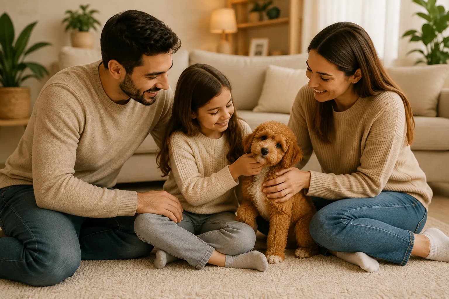 Ailesiyle birlikte huzurlu şekilde vakit geçiren Maltipoo yavrusu
