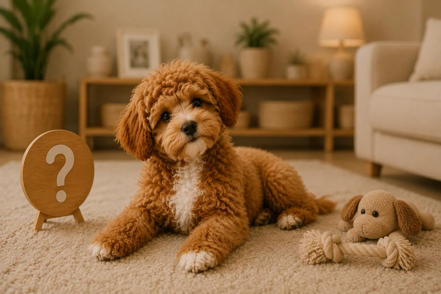 Krem renkli örtü üzerinde huzurla dinlenen Maltipoo yavrusu