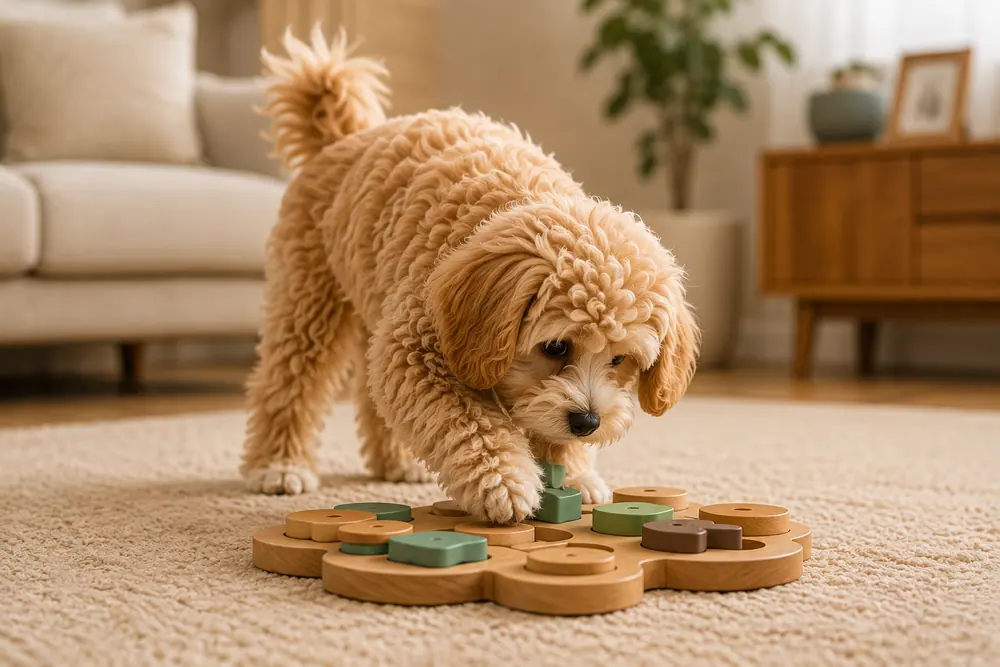 Zihin oyuncağıyla çalışan Maltipoo yavrusu