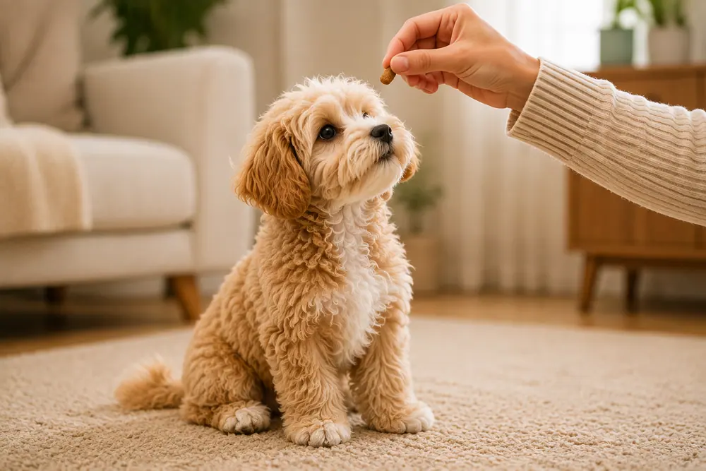 Ödül temelli eğitim alan Maltipoo yavrusu
