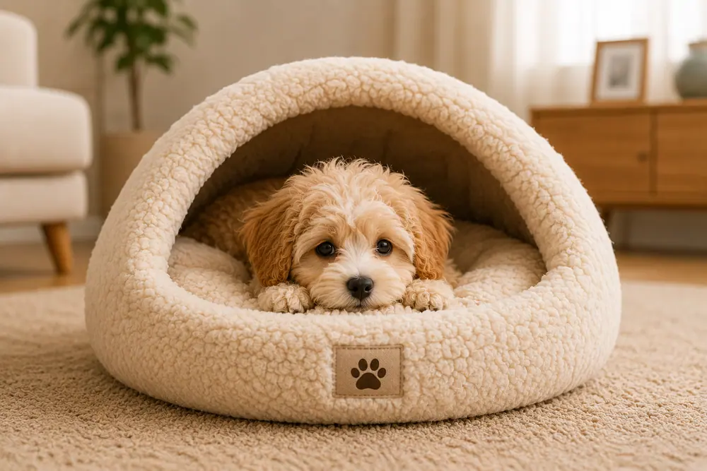 Kendi dinlenme alanında yatan Maltipoo yavrusu