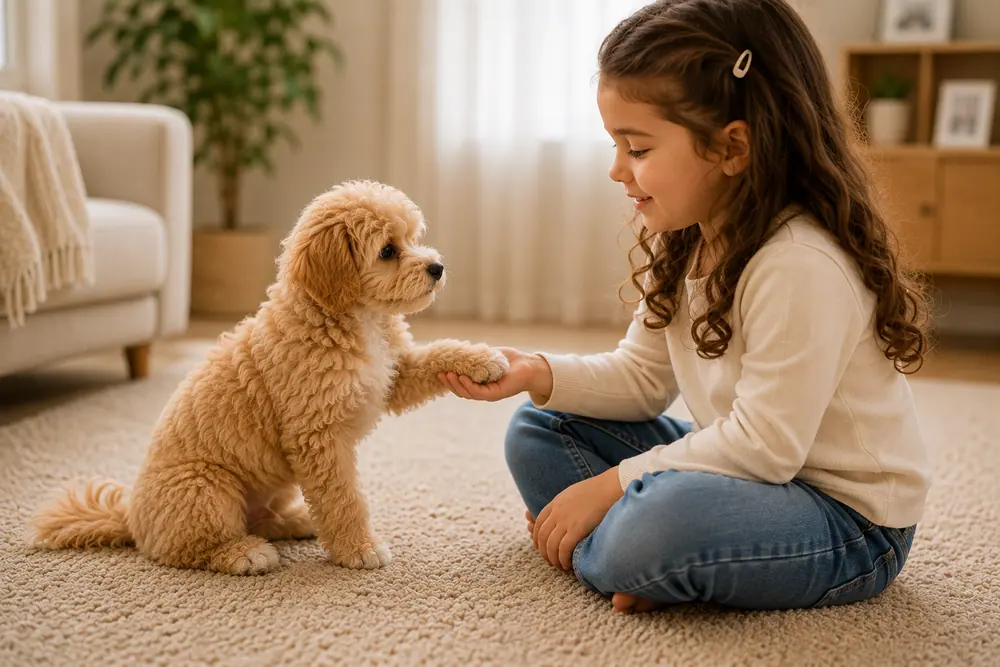 Bir çocukla kontrollü iletişim kuran Maltipoo yavrusu