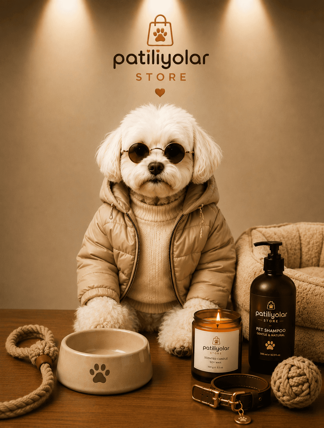 Patiliyolar Store ürünleriyle beyaz köpek