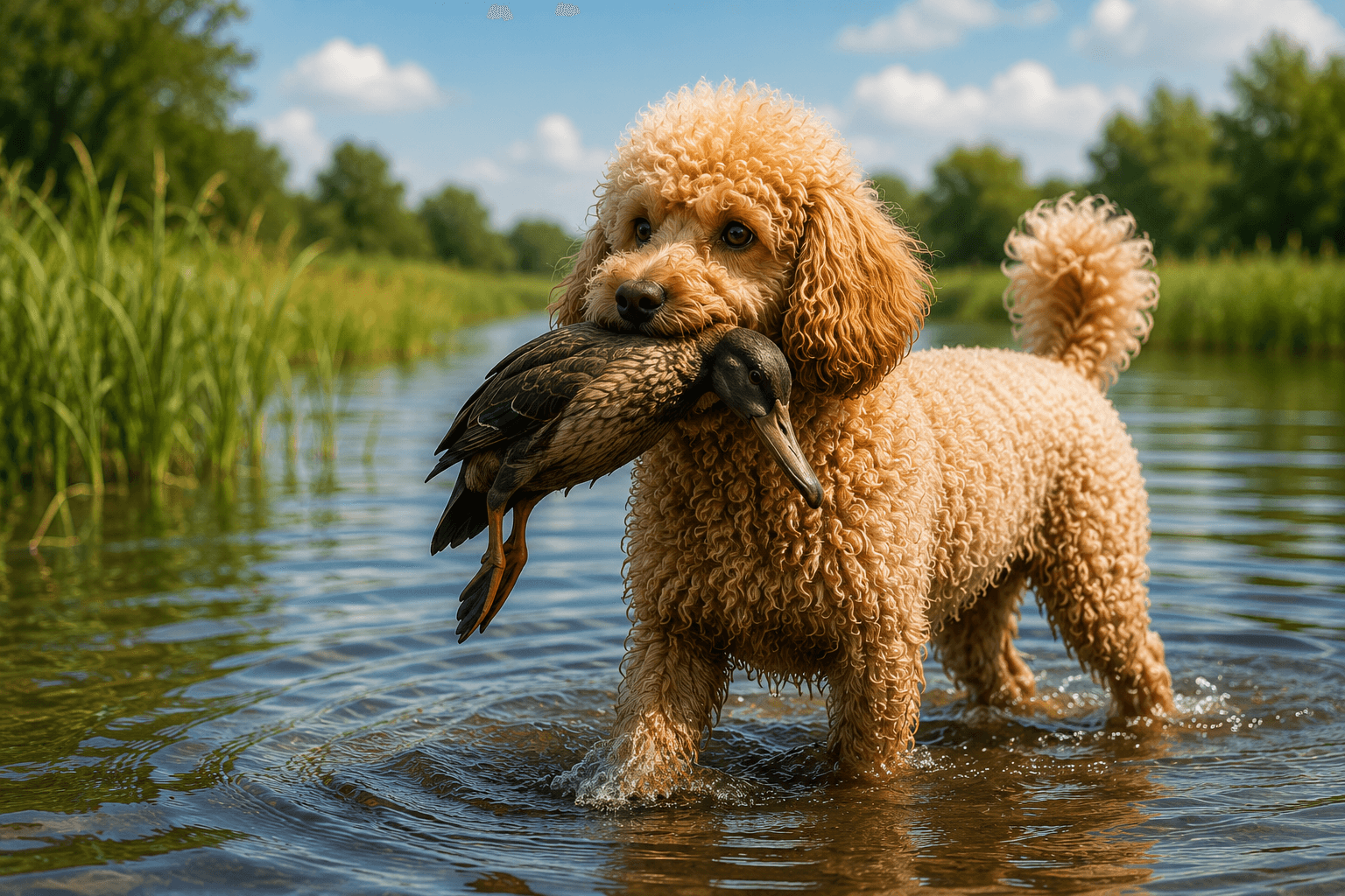 Su kenarında çalışan Poodle