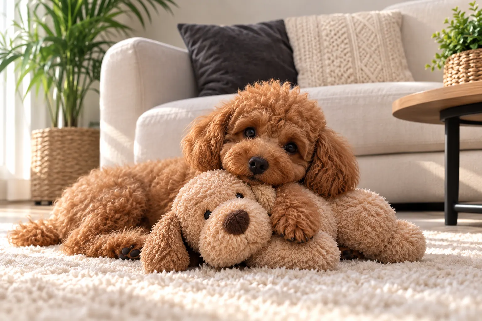 Sahibinin yanında güvenle dinlenen apricot Toy Poodle