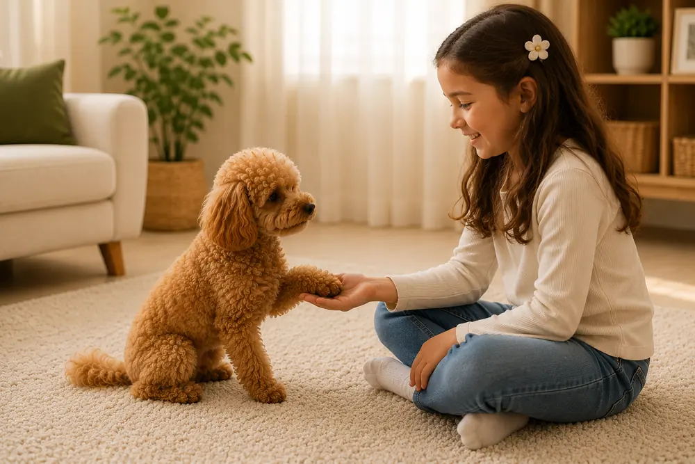 Çocukla kontrollü iletişim kuran Toy Poodle