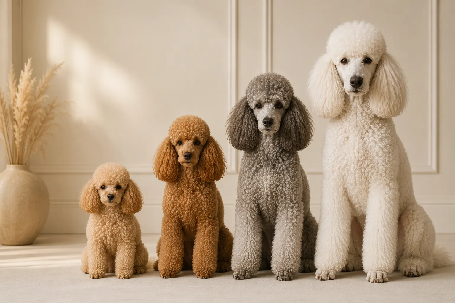Toy, Miniature, Medium ve Standard Poodle boyutları